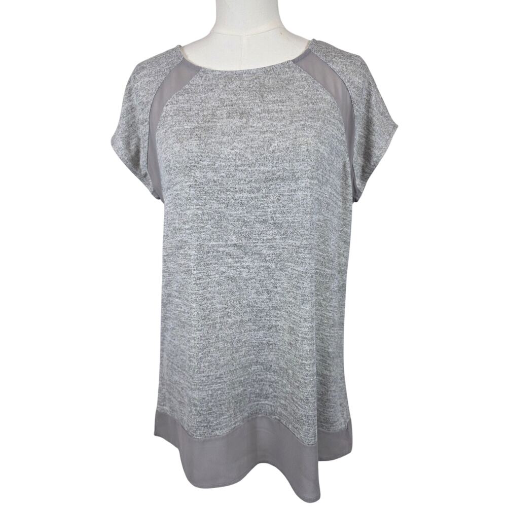 Doe & Rae M Gray Cap Sleeve Tunic Blouse w/Gold Shimmer Thread & Sheer‎ Panels